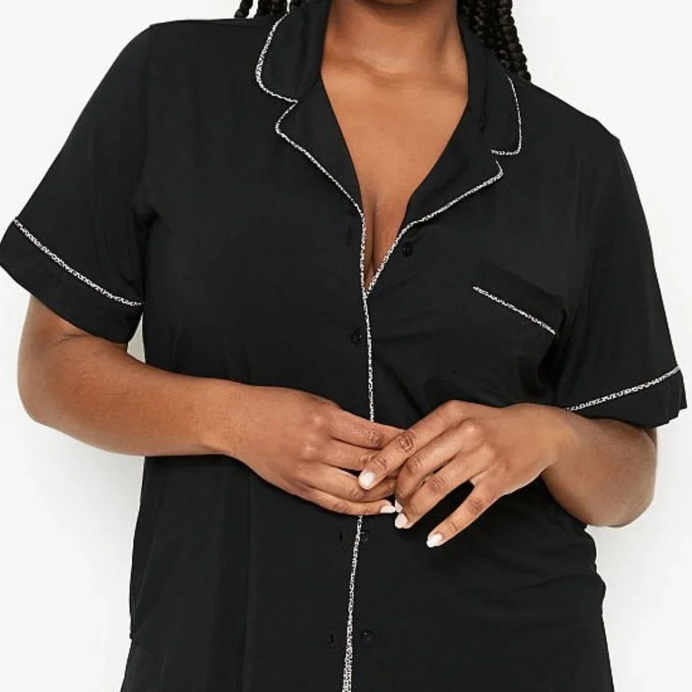 L VS Short PJ Set Black with Leopard Piping Heavenly Modal Softest PJs NWT - Picture 8 of 11